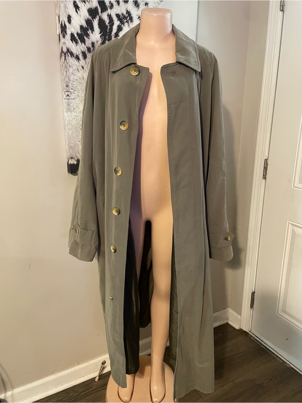 Nautica 42R 90s Classic Olive Green Trench Coat long Men’s tortoiseshell button
